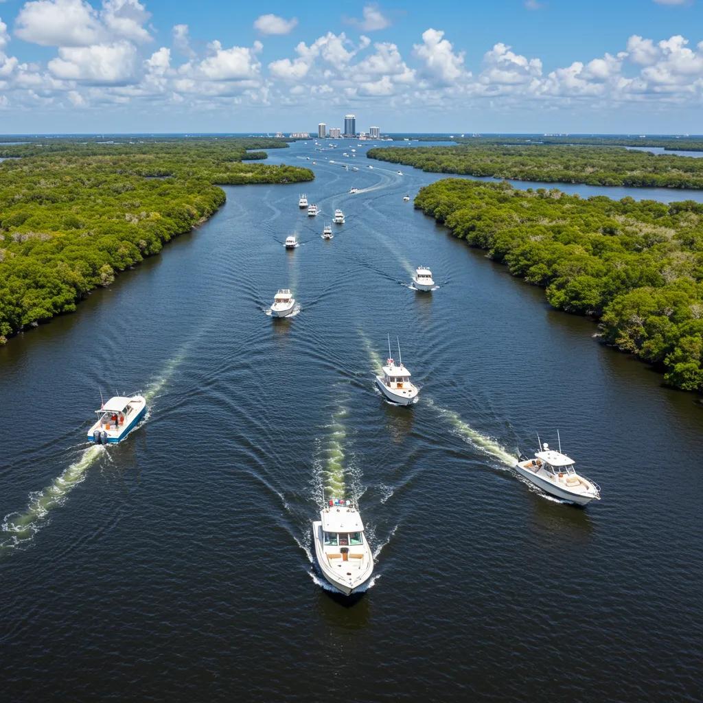 Boats cruising in Tampa Bay with mangroves and blue sky