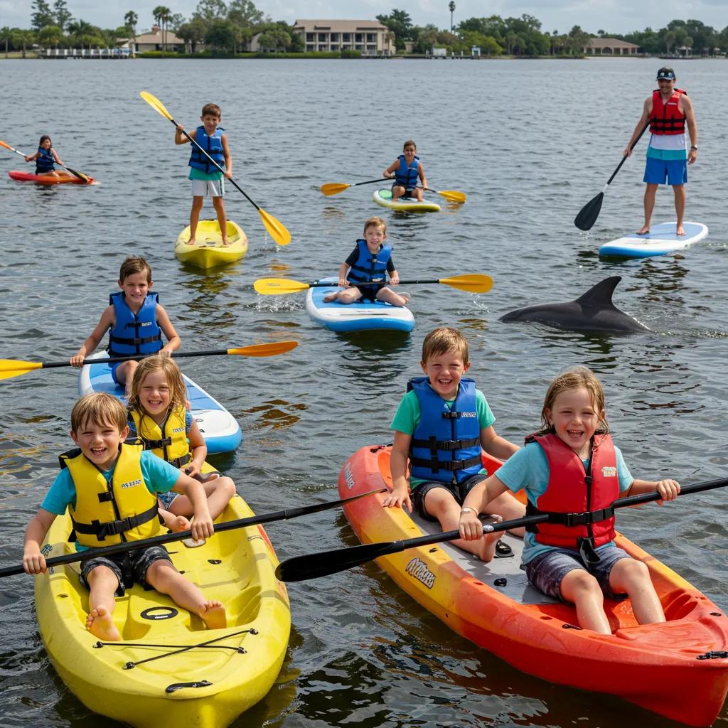 Families enjoying kayaking and paddleboarding on Tampa Bay