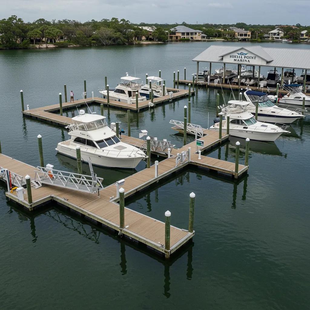 Shell Point Marina with boats and staff assisting at the docks