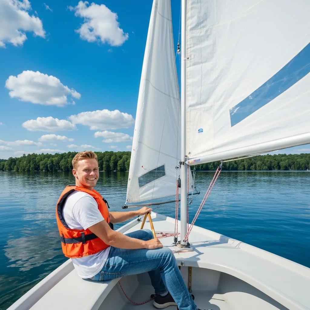 Beginner boater navigating a small boat on calm waters, emphasizing safety and confidence