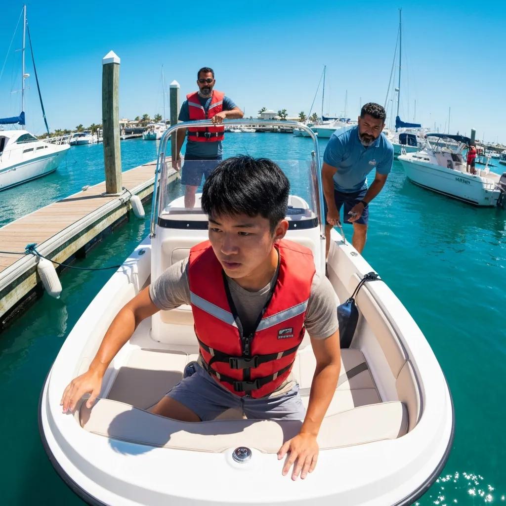 Beginner boater practicing safe docking techniques at a marina with crew members assisting