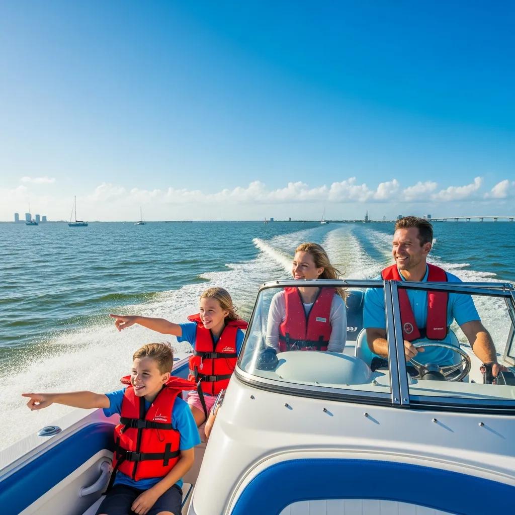 Family boating safely on Tampa Bay with life jackets, showcasing boating safety guidelines