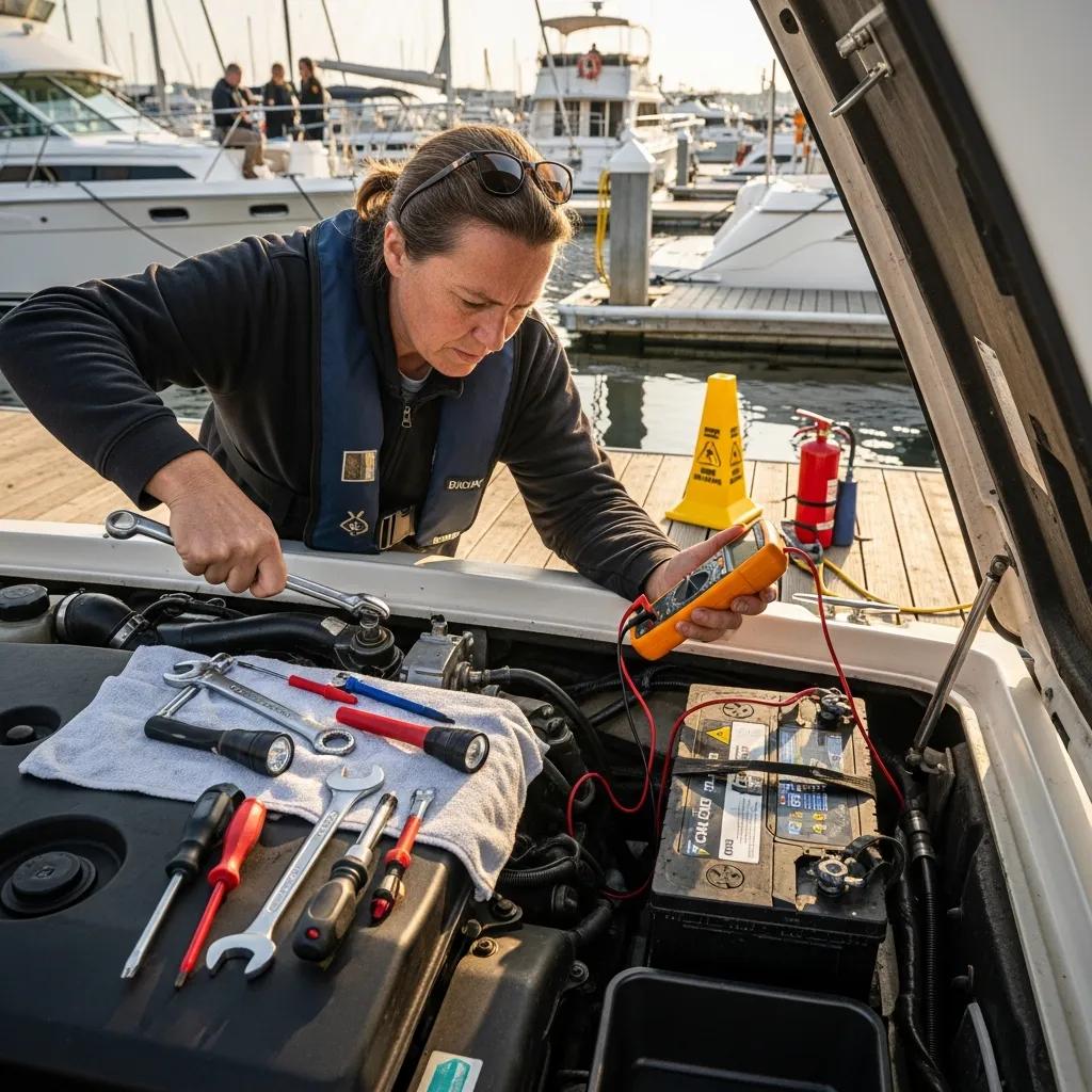 Stay Safe on the Water: Top Boating Safety Tips You Need 1 Person performing routine boat maintenance with tools and multimeter, emphasizing safety and reliability in marine operations.