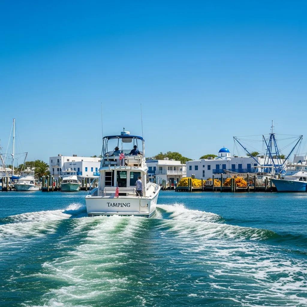 Boat navigating Tampa Bay with Tarpon Springs Sponge Docks in the background