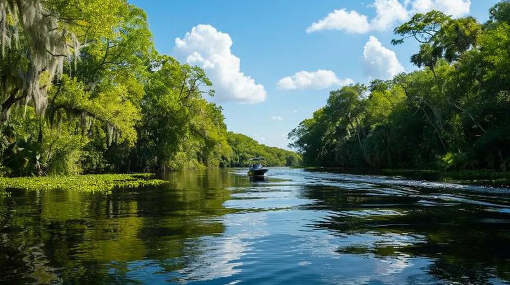 Boating on the Little Manatee River with lush landscapes and clear skies