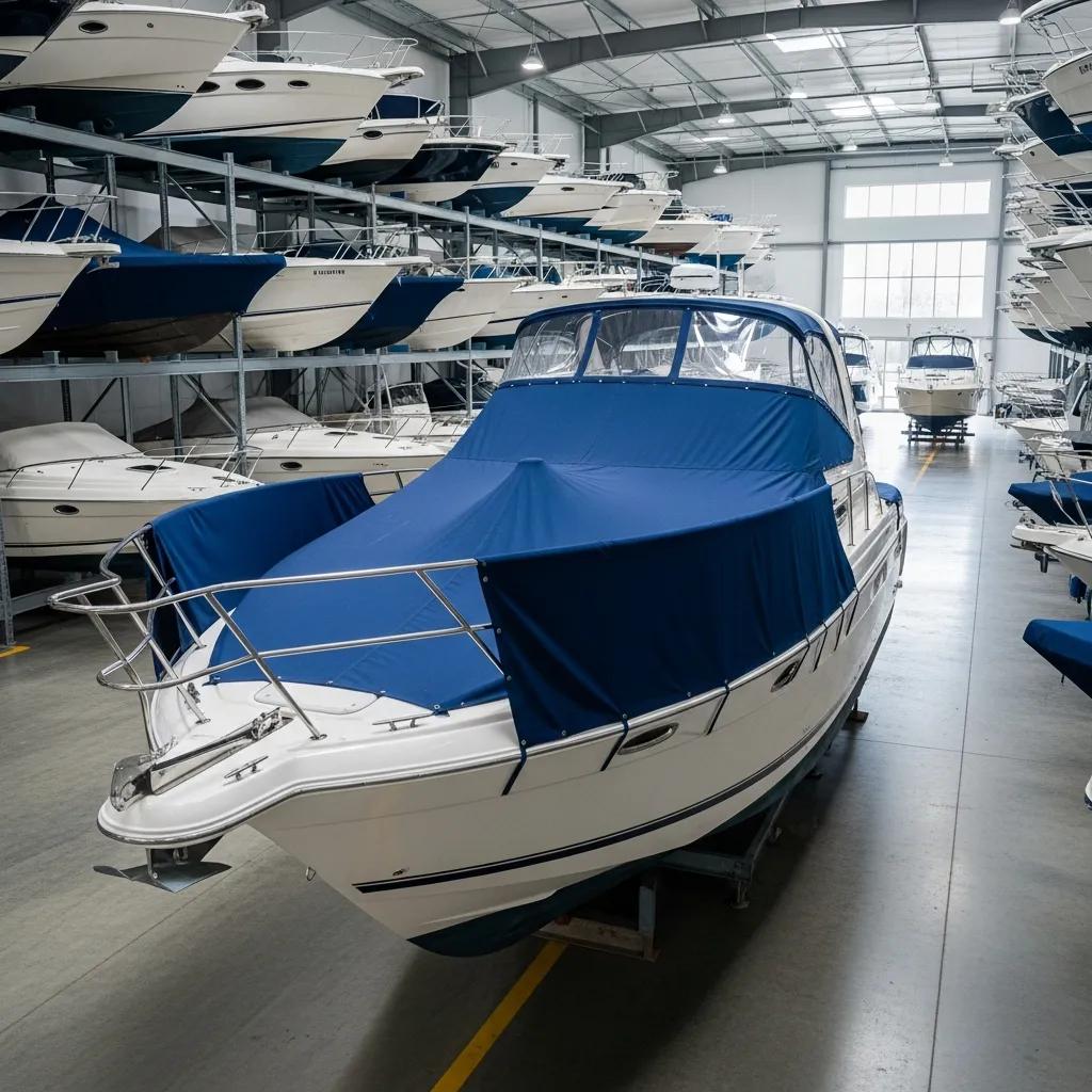 Dry boat storage facility with a well-maintained vessel, highlighting secure protection and convenience
