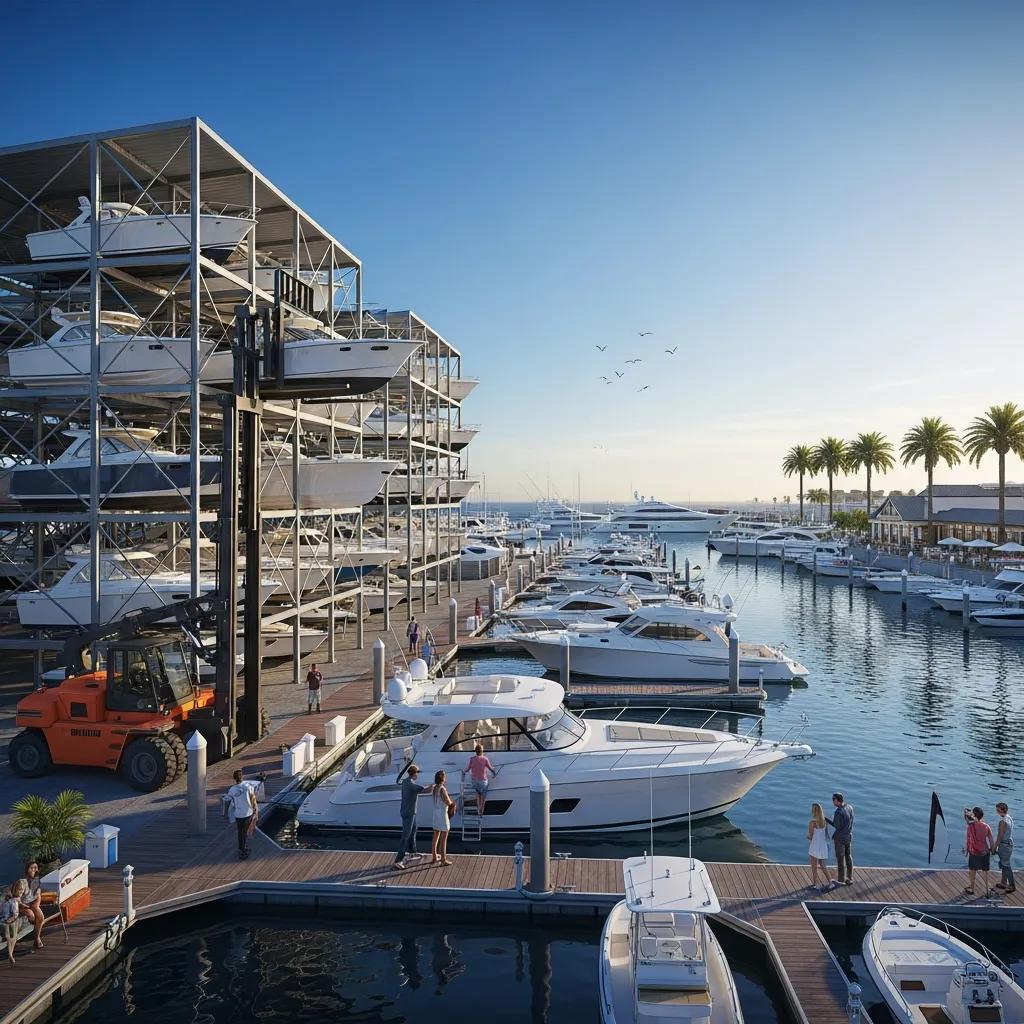 Marina scene featuring dry storage racks and wet slips, highlighting boat storage options